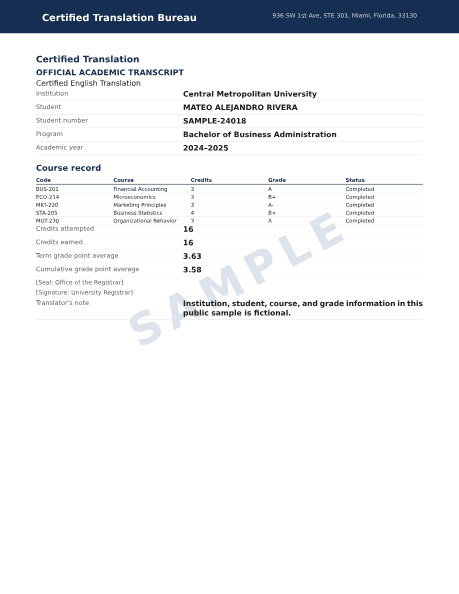 Preview of the Academic Transcript PDF sample